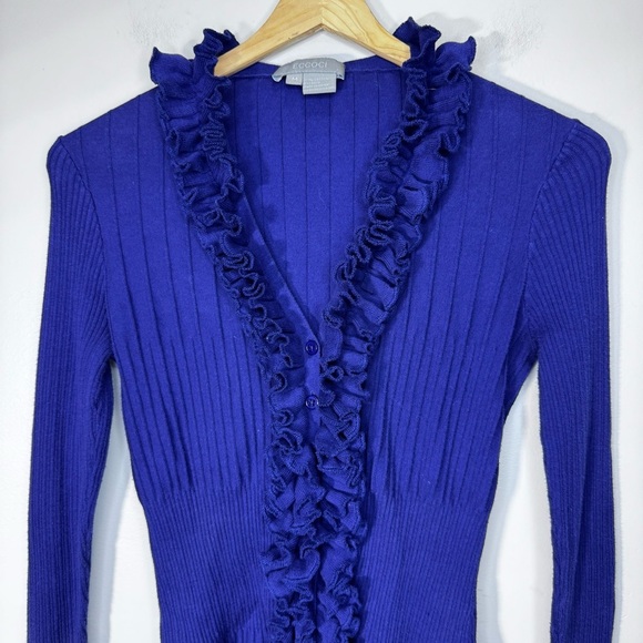 Eccoci Purple Vneck Ruffle Cardigan Sweater Size Medium 100% Cotton - Picture 3 of 9